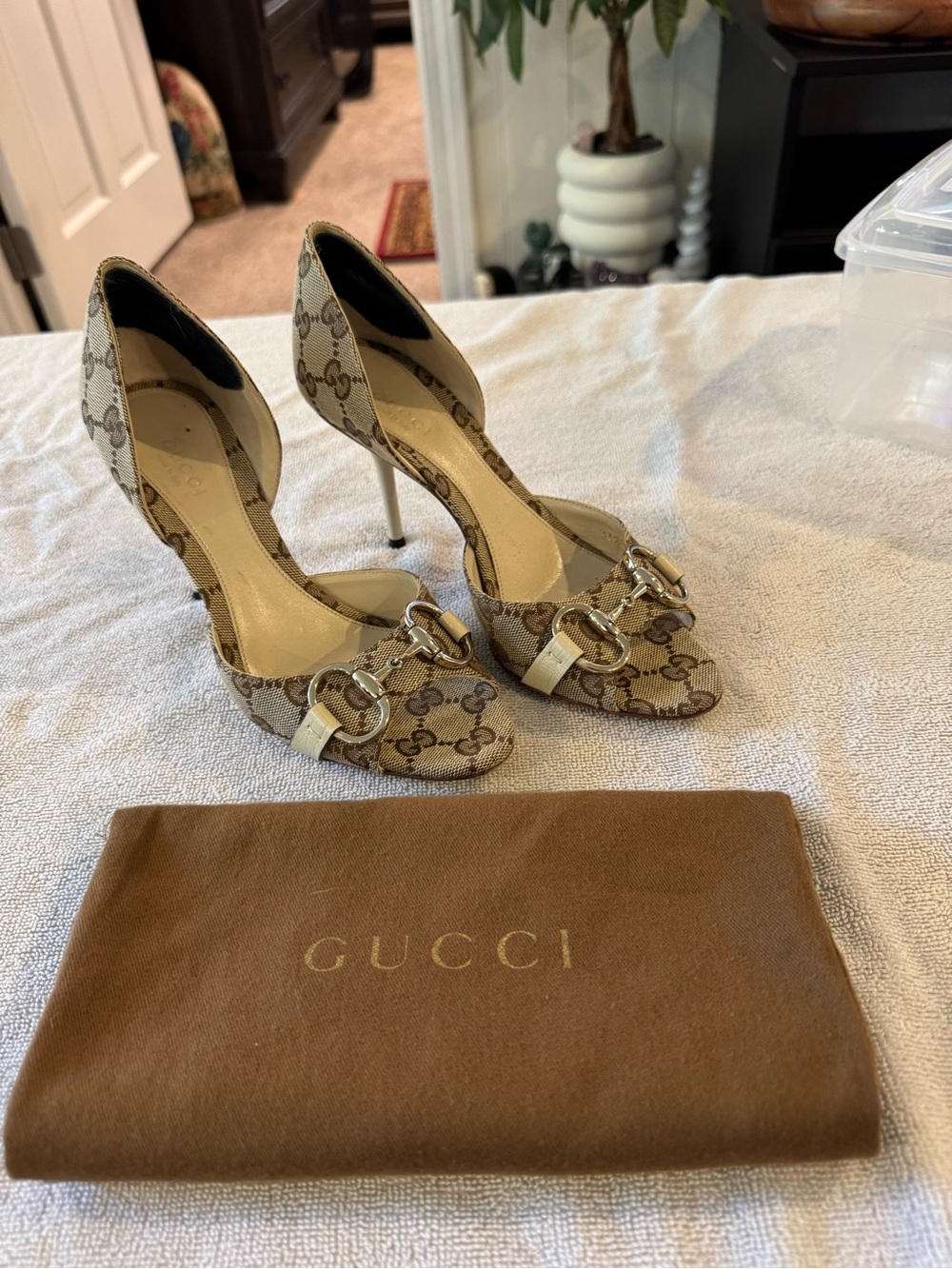 Gucci Beige GG Canvas Horsebit D'Orsay Pumps with Gold Hardware